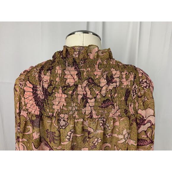 o.p.t One Pretty Time Smocked Tie Peasant Blouse Floral Metallic Threads size XS - Picture 6 of 15